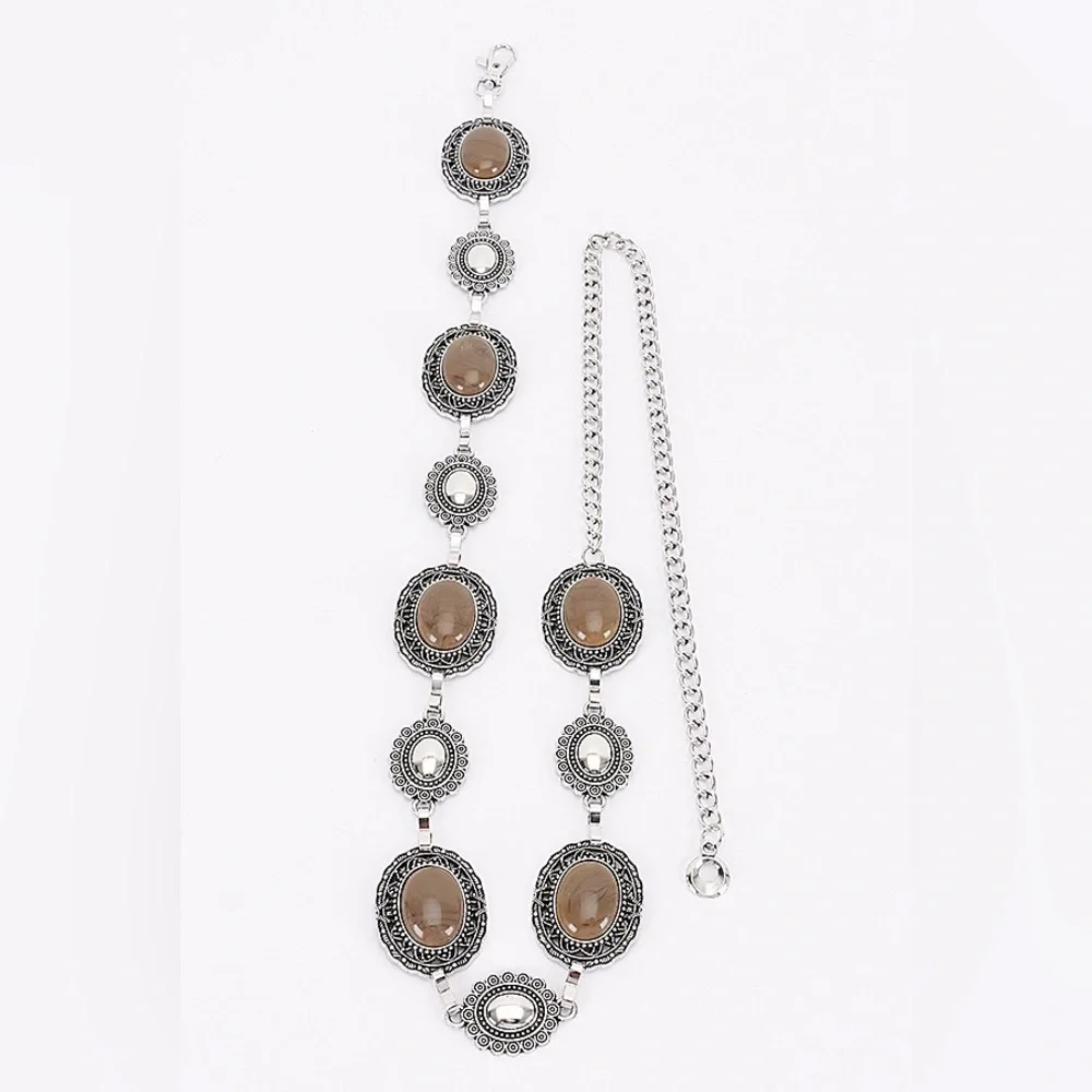 Gold Chain Medallion Waist Belt with Black Stones